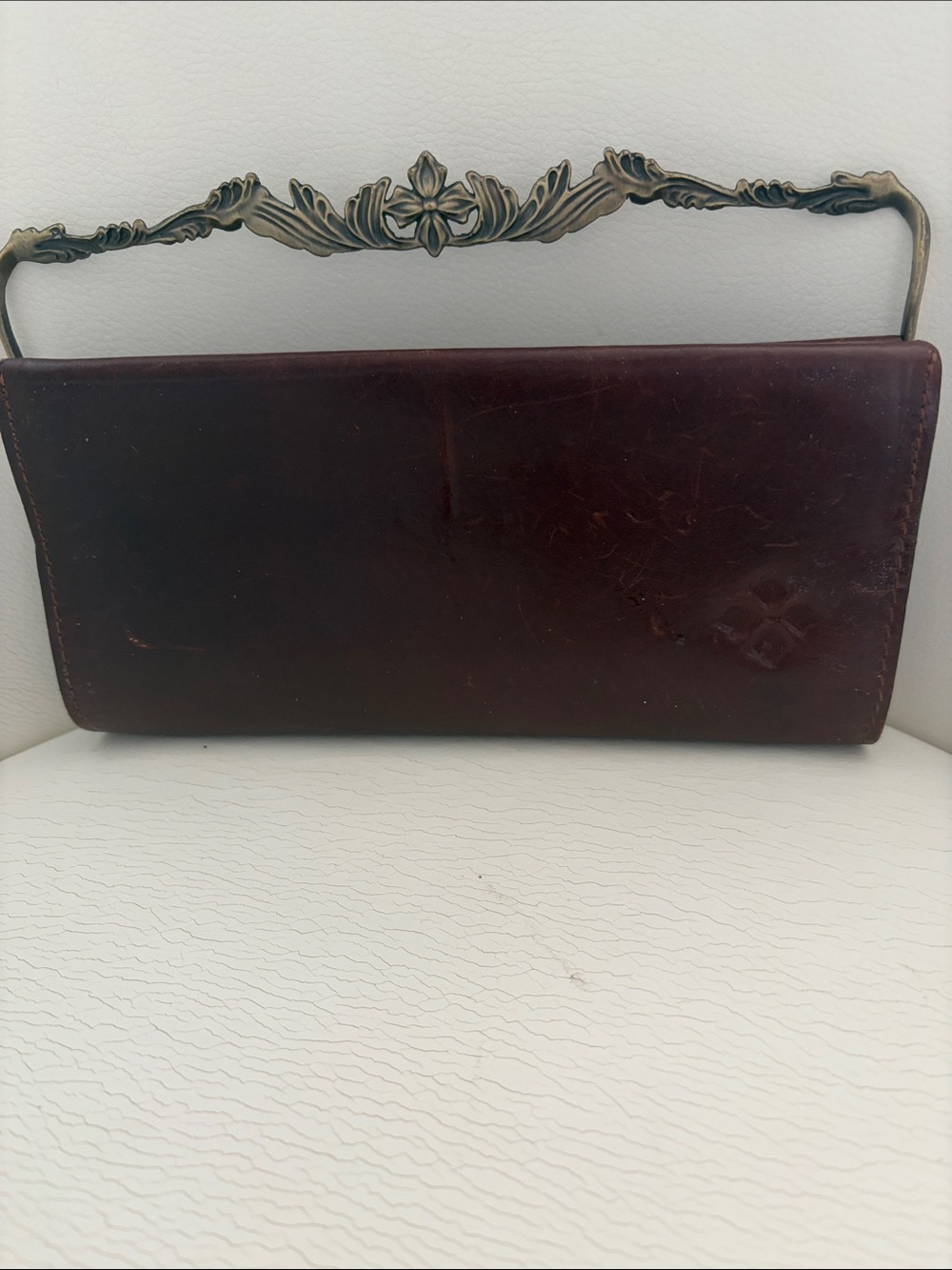 Patricia Nash Dark Brown Leather Wallet with Embossed Corner Motif vintage